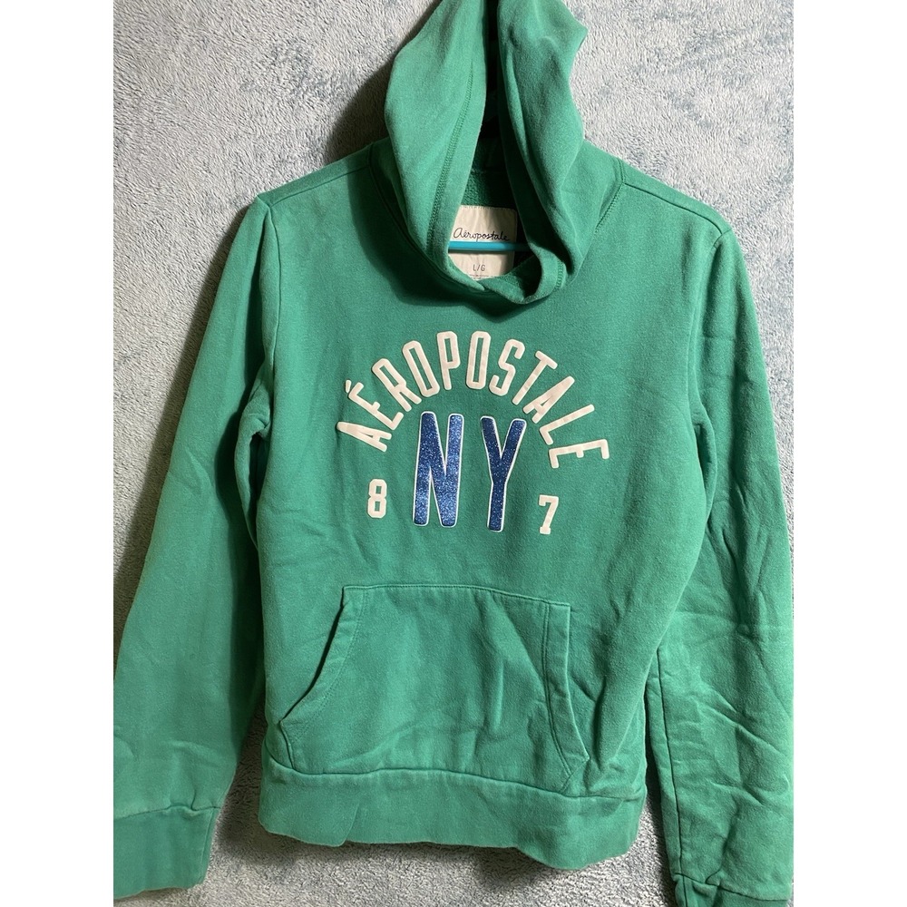 Aeropostale‎ Womens Green NY 87 Glitter Graphic Pullover Y2K Hoodie Size L